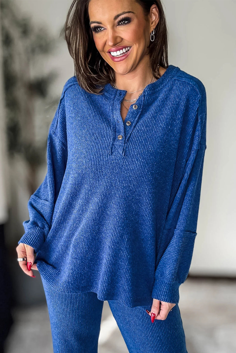 Sky Blue Brushed Ribbed Knit Exposed Seam Drop Shoulder Henley Top