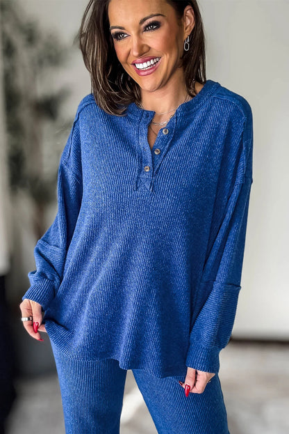 Sky Blue Brushed Ribbed Knit Exposed Seam Drop Shoulder Henley Top