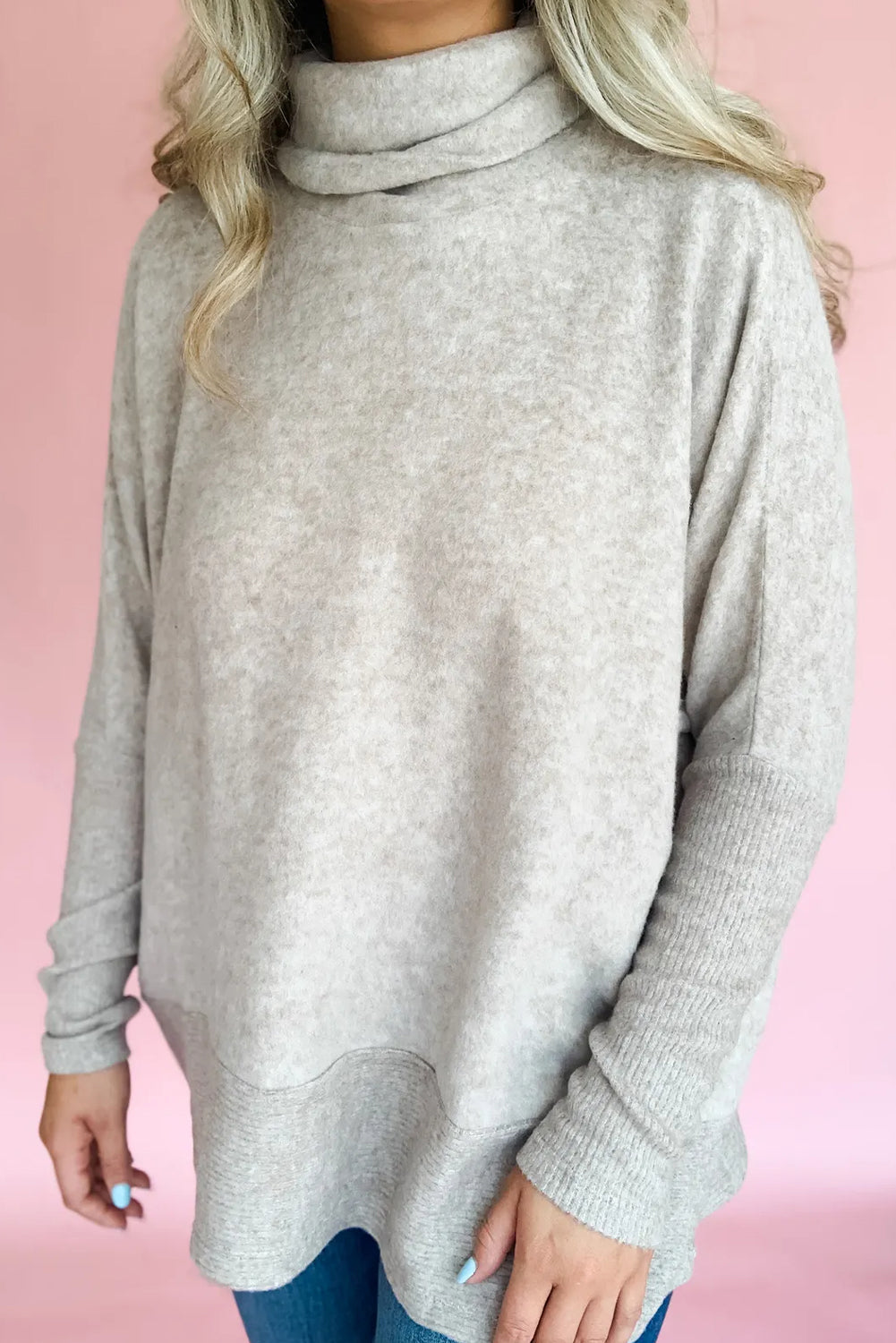 Smoke Gray Solid Color Turtleneck Ribbed Patchwork Dolman Long Sleeve Top