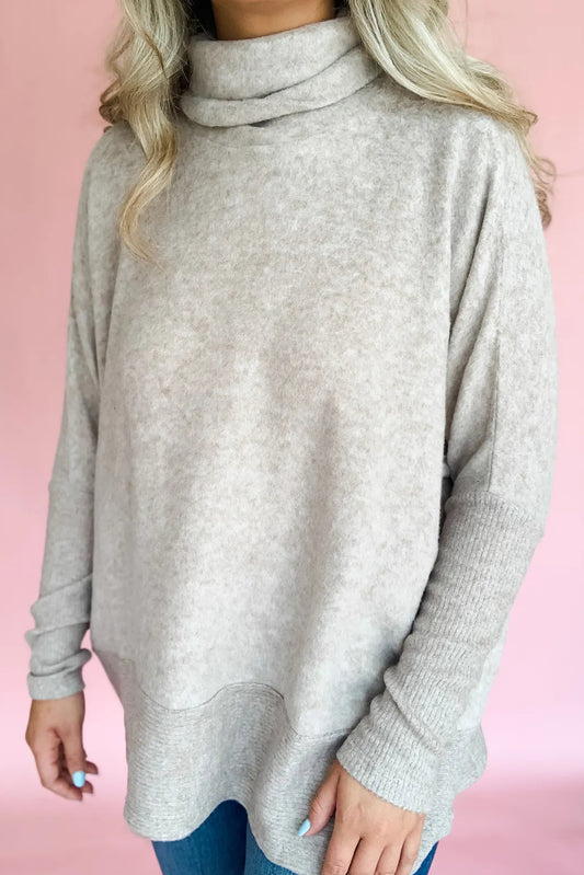 Smoke Gray Solid Color Turtleneck Ribbed Patchwork Dolman Long Sleeve Top