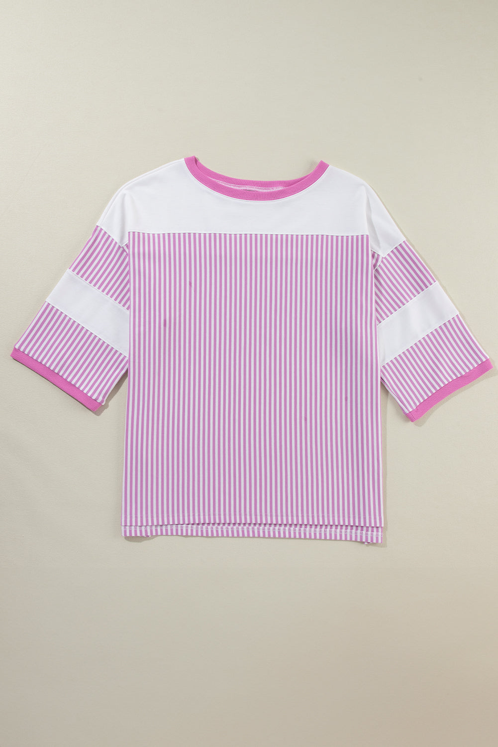 Pink Striped Patchwork Plus Size T-Shirt with Bracelet Sleeves