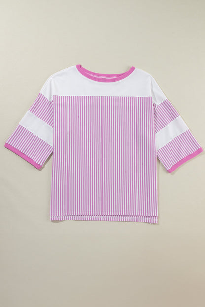 Pink Striped Patchwork Plus Size T-Shirt with Bracelet Sleeves