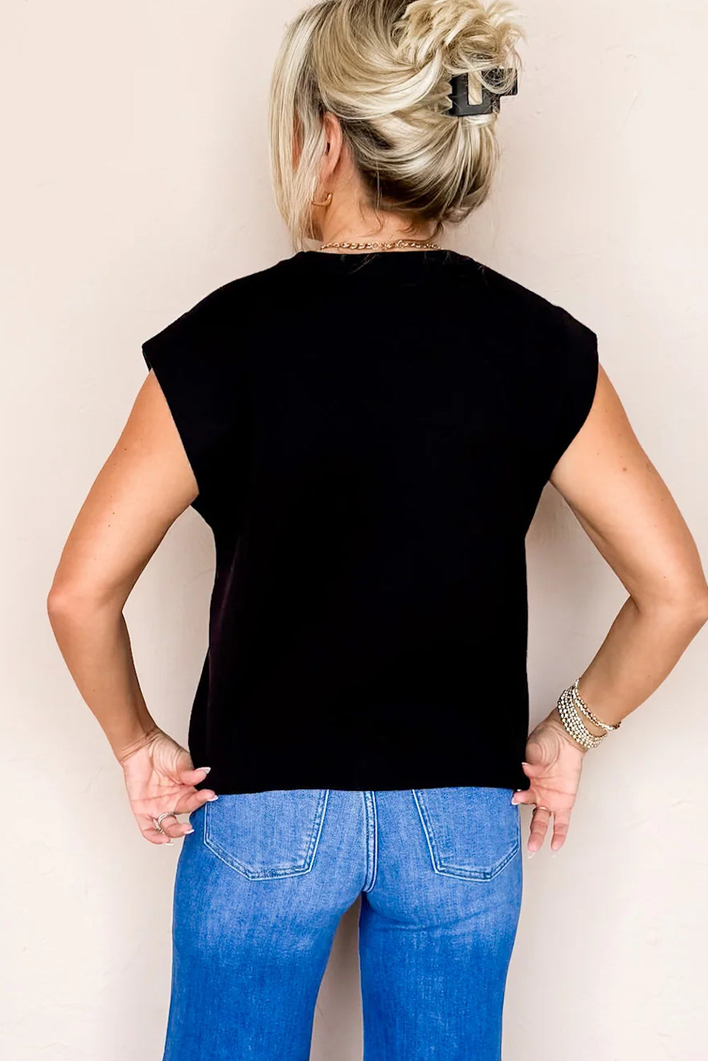 Black Solid Color Knit Cap Sleeve Sweater