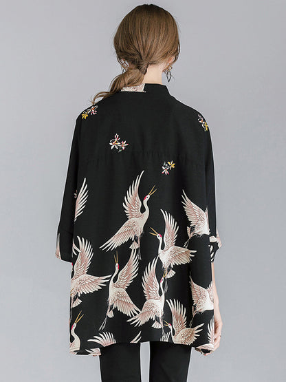 Plus Blouses - Size Curve Blouses Crane Print Loose Oversized Blouse - MsDressly