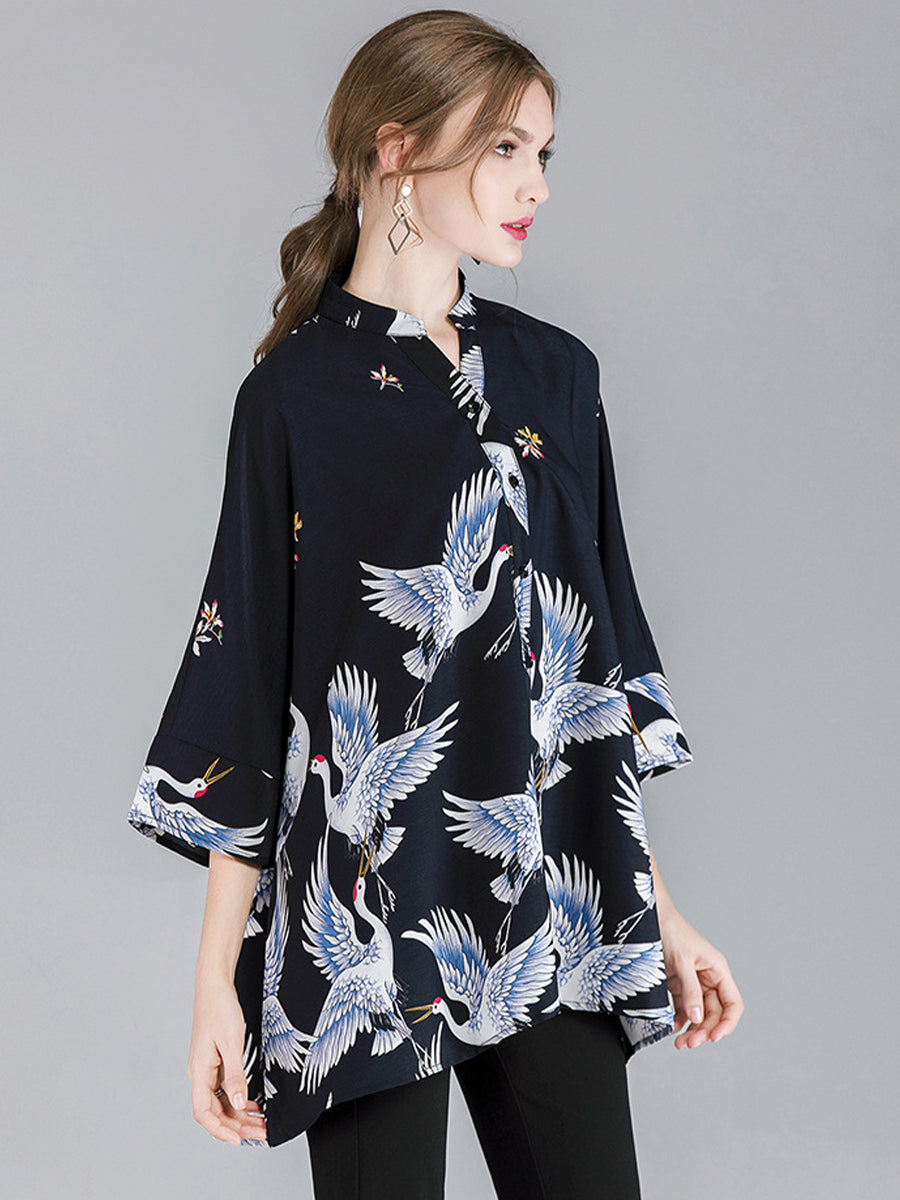 Plus Blouses - Size Curve Blouses Crane Print Loose Oversized Blouse - MsDressly