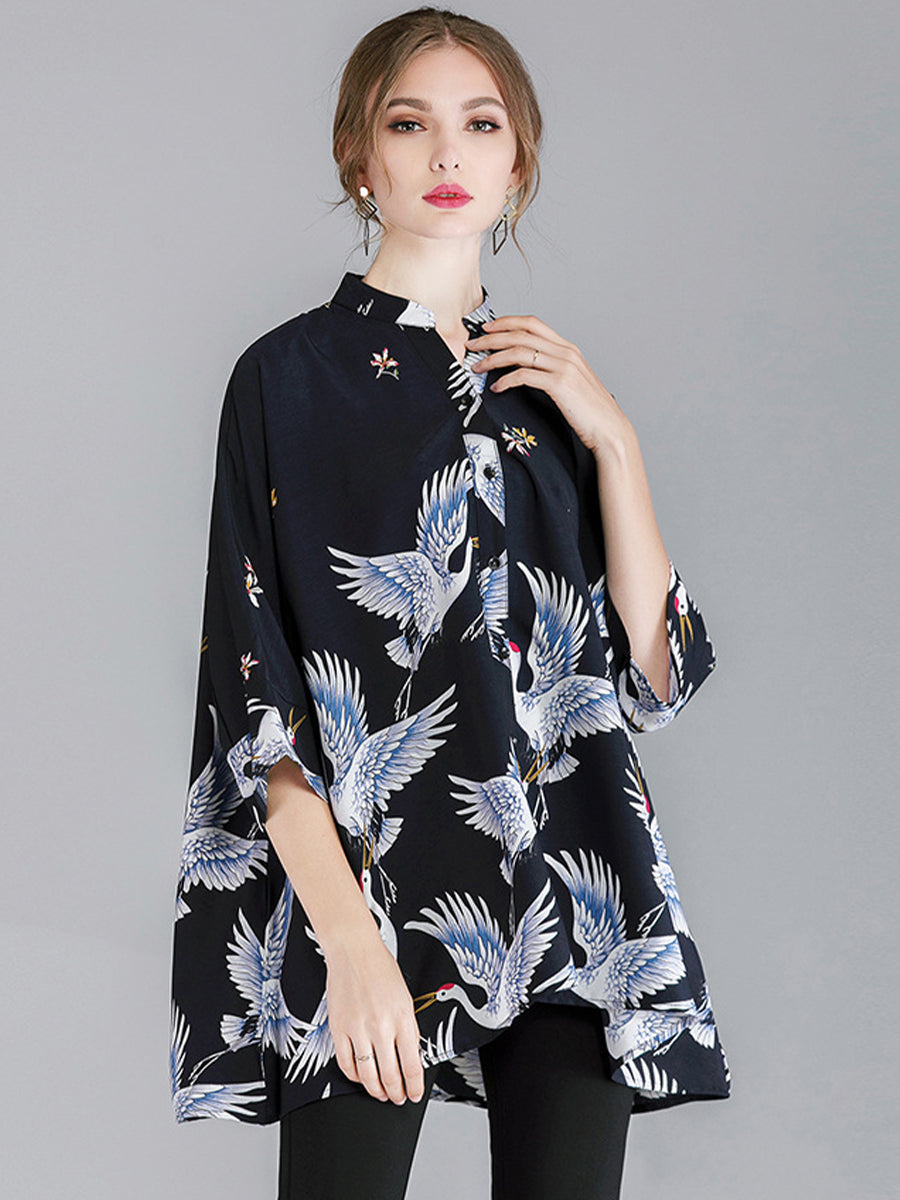 Plus Blouses - Size Curve Blouses Crane Print Loose Oversized Blouse - MsDressly