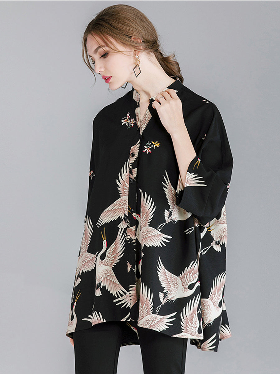 Plus Blouses - Size Curve Blouses Crane Print Loose Oversized Blouse - MsDressly