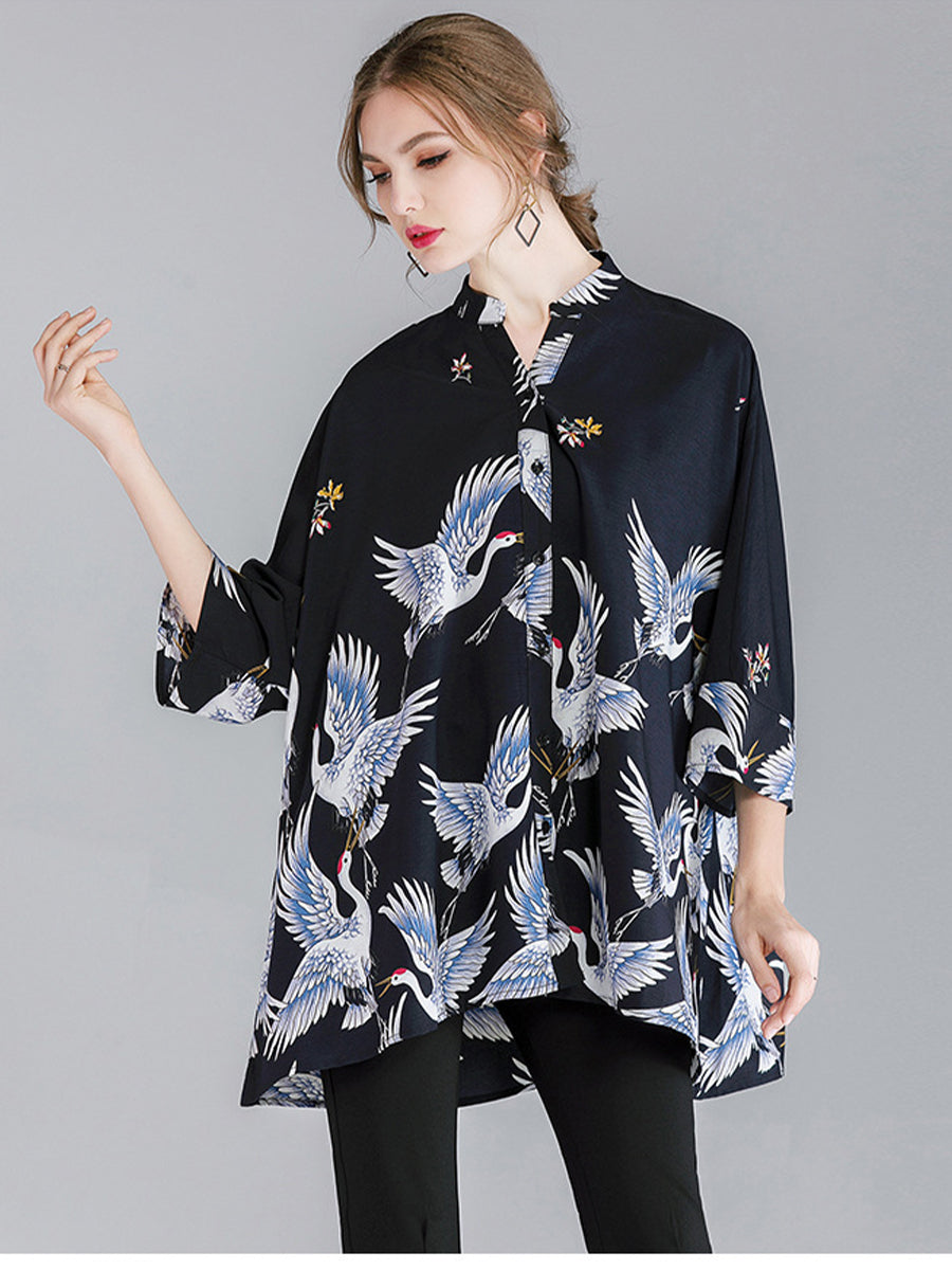 Plus Blouses - Size Curve Blouses Crane Print Loose Oversized Blouse - MsDressly