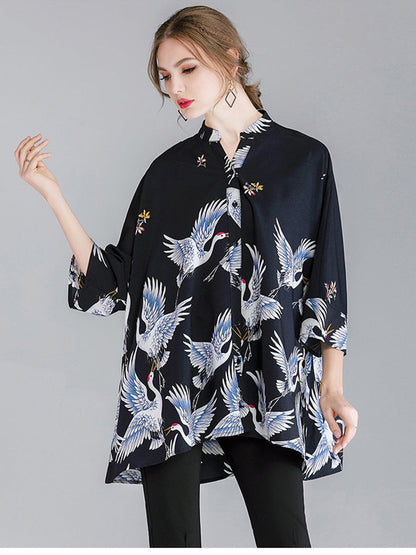 Plus Blouses - Size Curve Blouses Crane Print Loose Oversized Blouse - MsDressly
