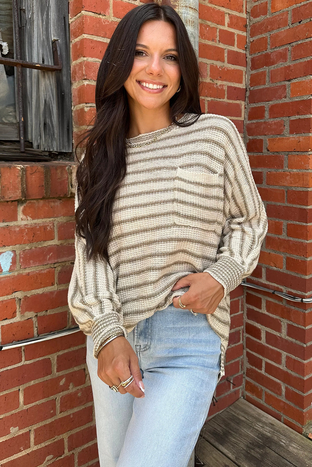 Green Stripe Single Chest Pocket Dolman Knit Sweater