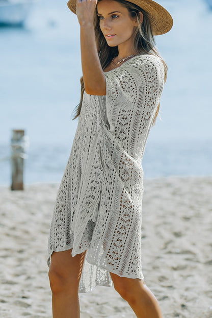 Boho Gray Crochet Beach Dress with Tassel Detail
