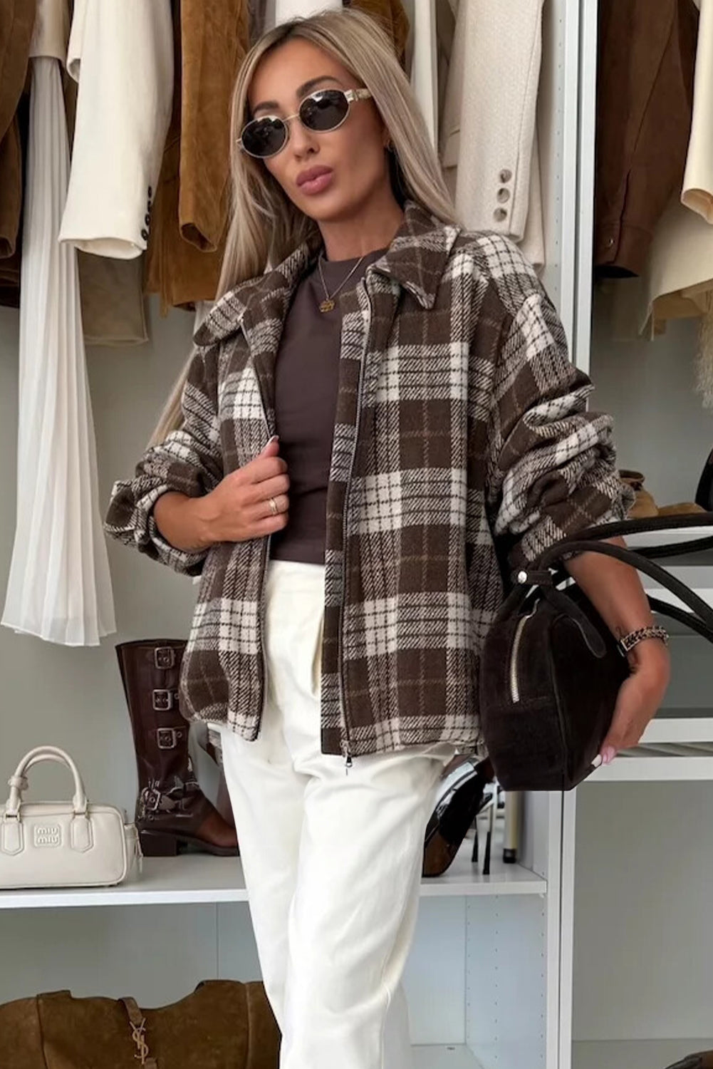 Dark Brown Grid Zipped Front Loose Casual Jacket