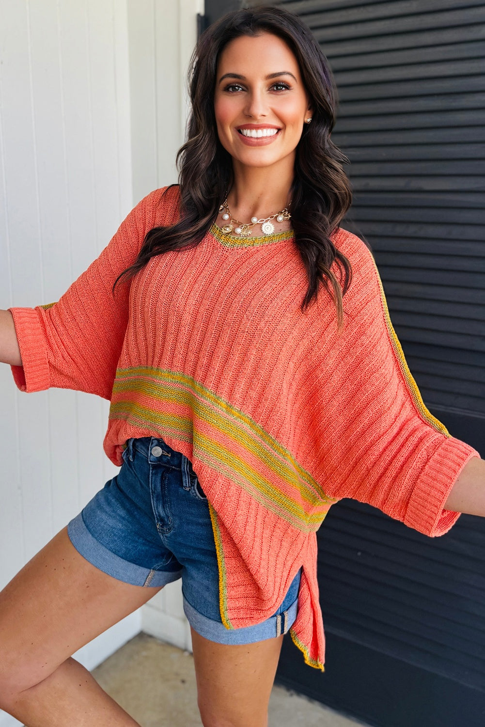 Fresh Salmon Striped V Neck Dolman Sleeve Rib Knit Oversized Sweater with Slits