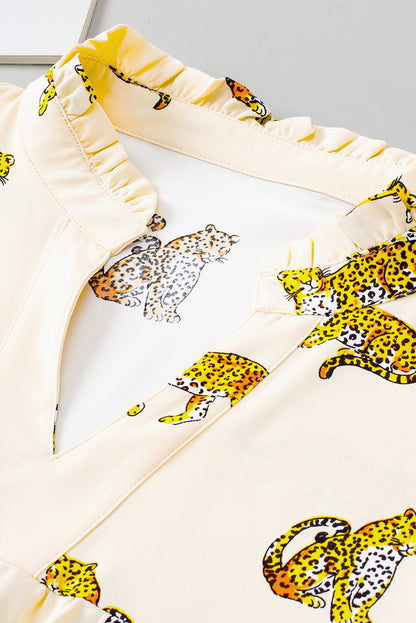 Wild Cheetah Print Beige Plus Size Puff Sleeve Blouse