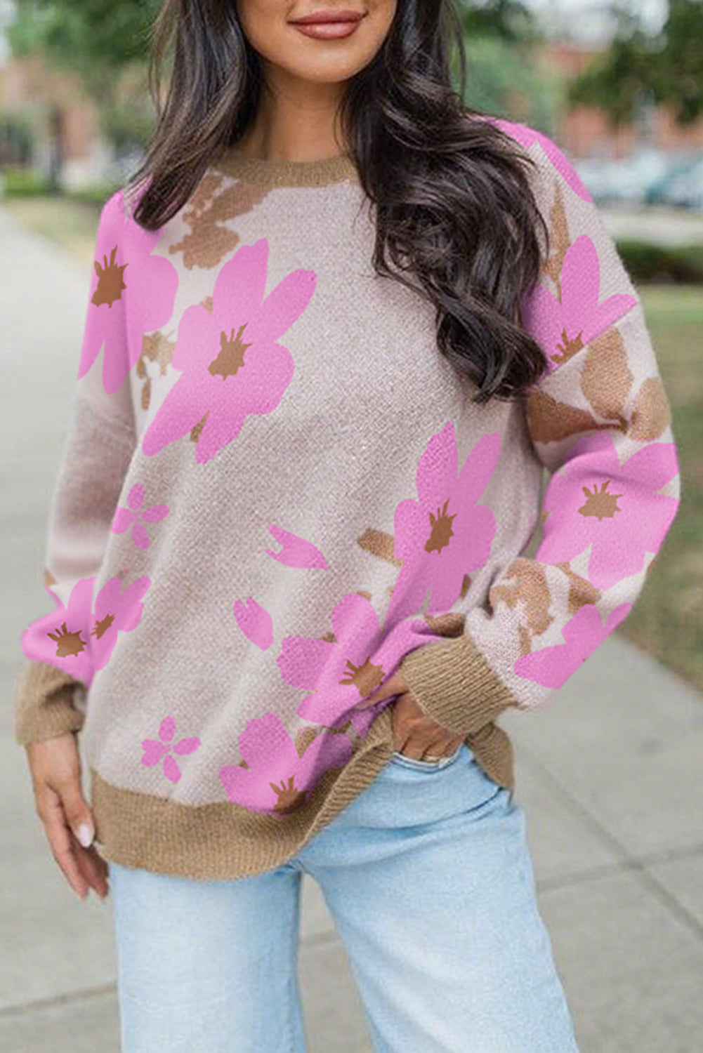 Khaki Floral Print Drop Shoulder Sweater