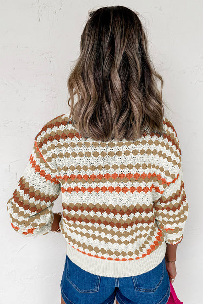 Brown Stripe Eyelet Patterned Drop Shoulder Sweater