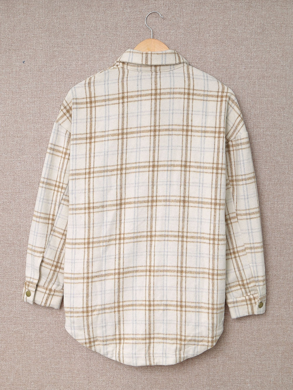 Khaki Plaid Button-Up Shirt Jacket with Side Slits