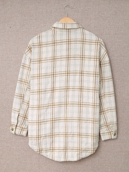 Khaki Plaid Button-Up Shirt Jacket with Side Slits