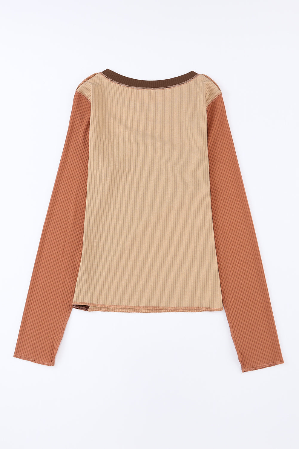 Knit Top with Exposed Seam Detail in Brown Color Block