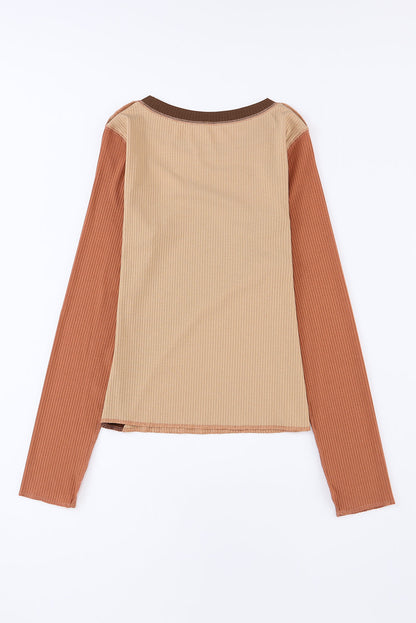 Knit Top with Exposed Seam Detail in Brown Color Block