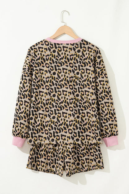 Pink Leopard Print Contrast Edge Long Sleeve Pullover Shorts Set