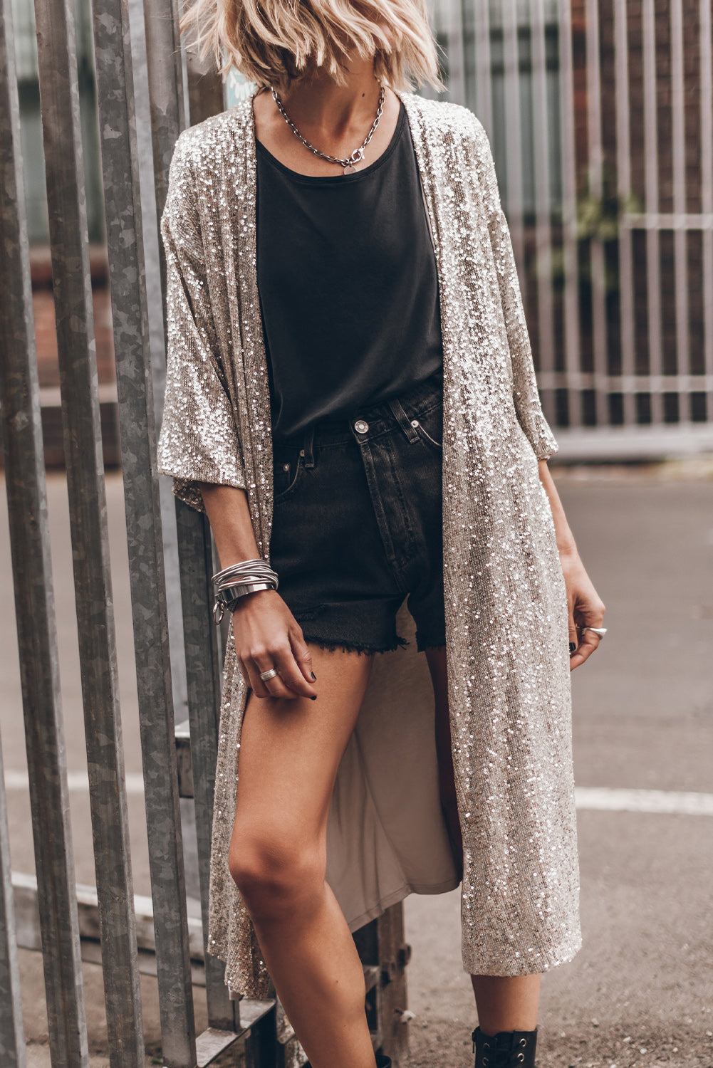 Apricot Sequin Embellished Open Front Kimono Duster