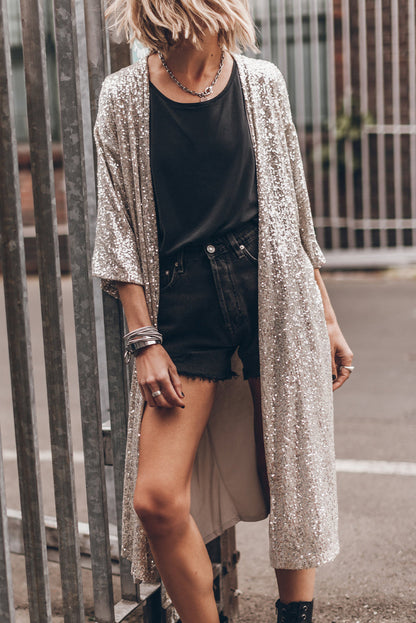 Apricot Sequin Embellished Open Front Kimono Duster