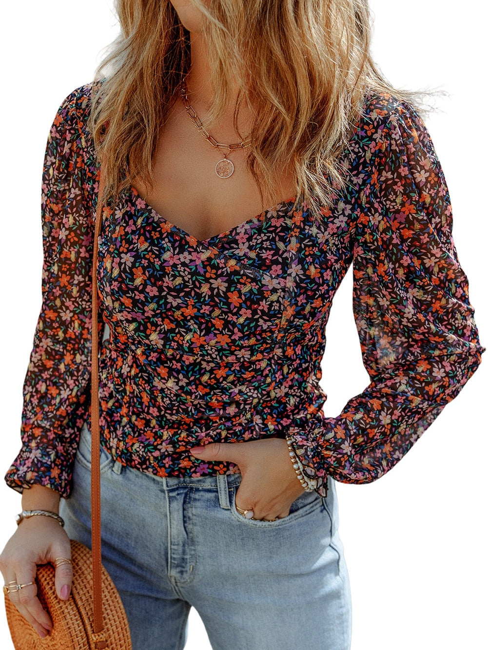 Elegant Black Floral Blouse with Bubble Sleeves