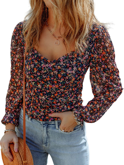 Elegant Black Floral Blouse with Bubble Sleeves