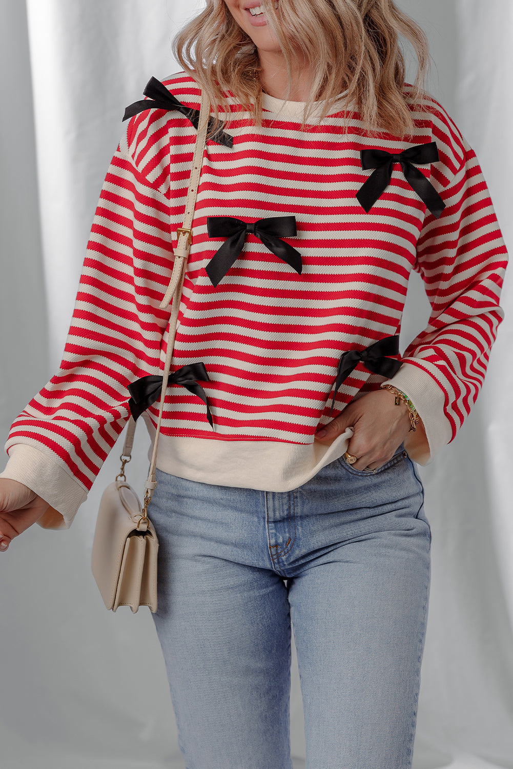 Red Stripe Contrast Ribbon Bow Detail Casual Sweater