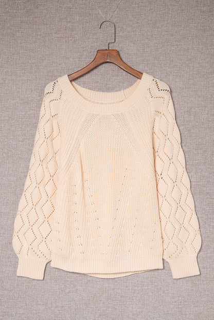 Beige Hollow-out Puffy Sleeve Knit Sweater