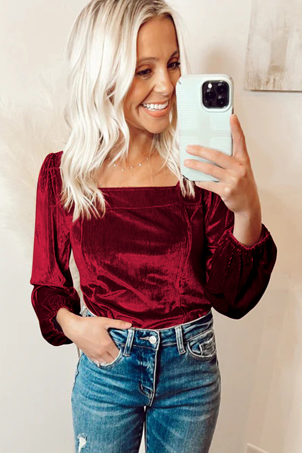 Burgundy Velvet Ribbed Texture Square Neck Slim Puff Sleeve Top