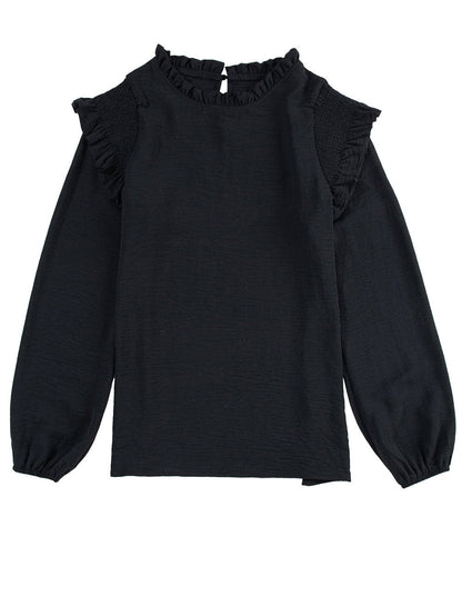 Elegant Black Ruffled Shoulder Bubble Sleeve Blouse