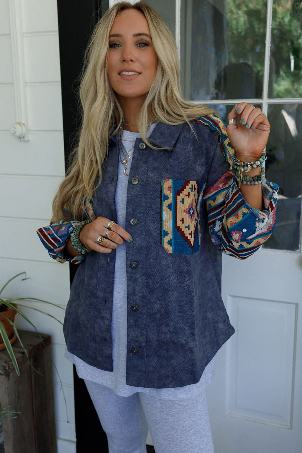 Dirty blue Aztec Print Patchwork Button Down Corduroy Shacket