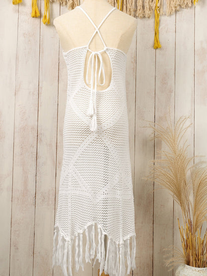 Beachy White Tassel Detail Crisscross Back Dress with Hollow Out Features
