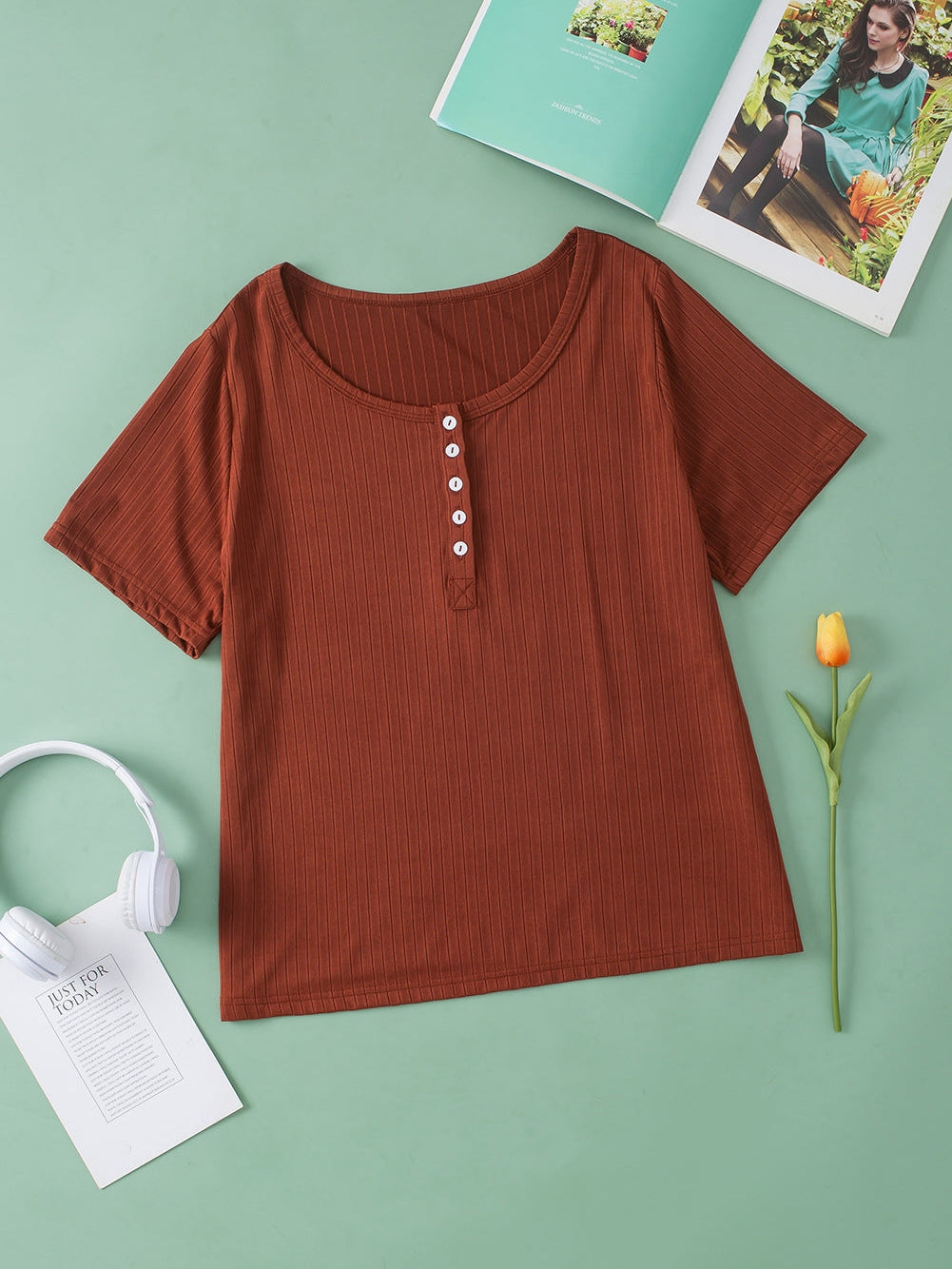 Chestnut Plus Size Ribbed Knit Henley Tee