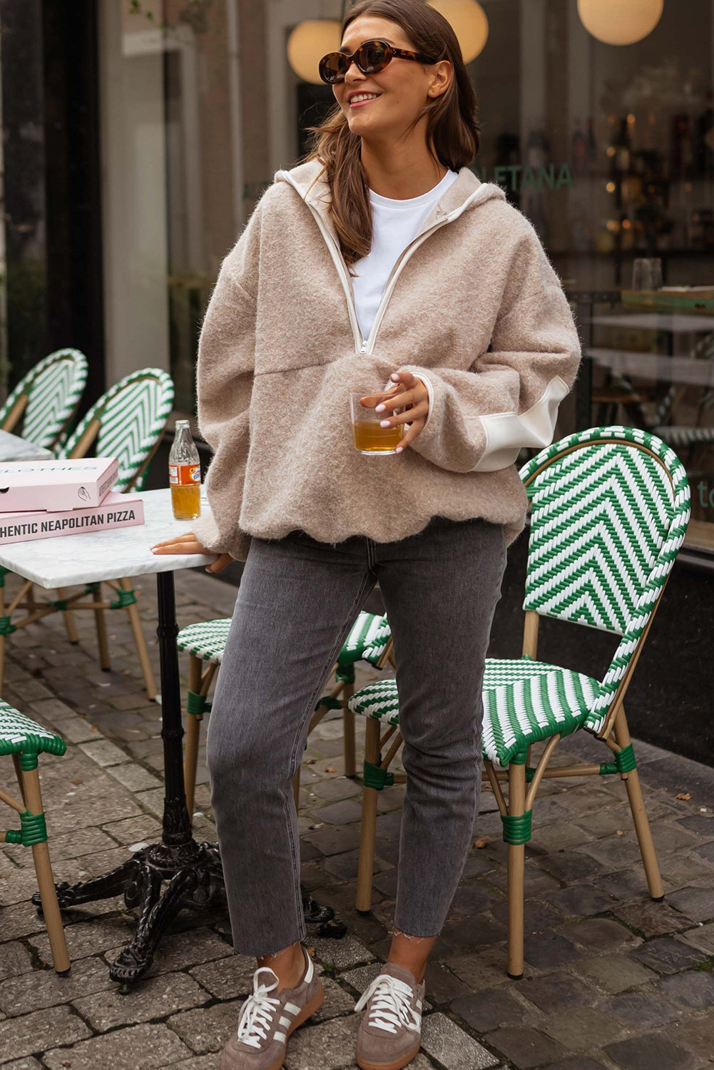 Parchment Woolen Blend Uneven Hem Half Zipped Pullover Baggy Hoodie