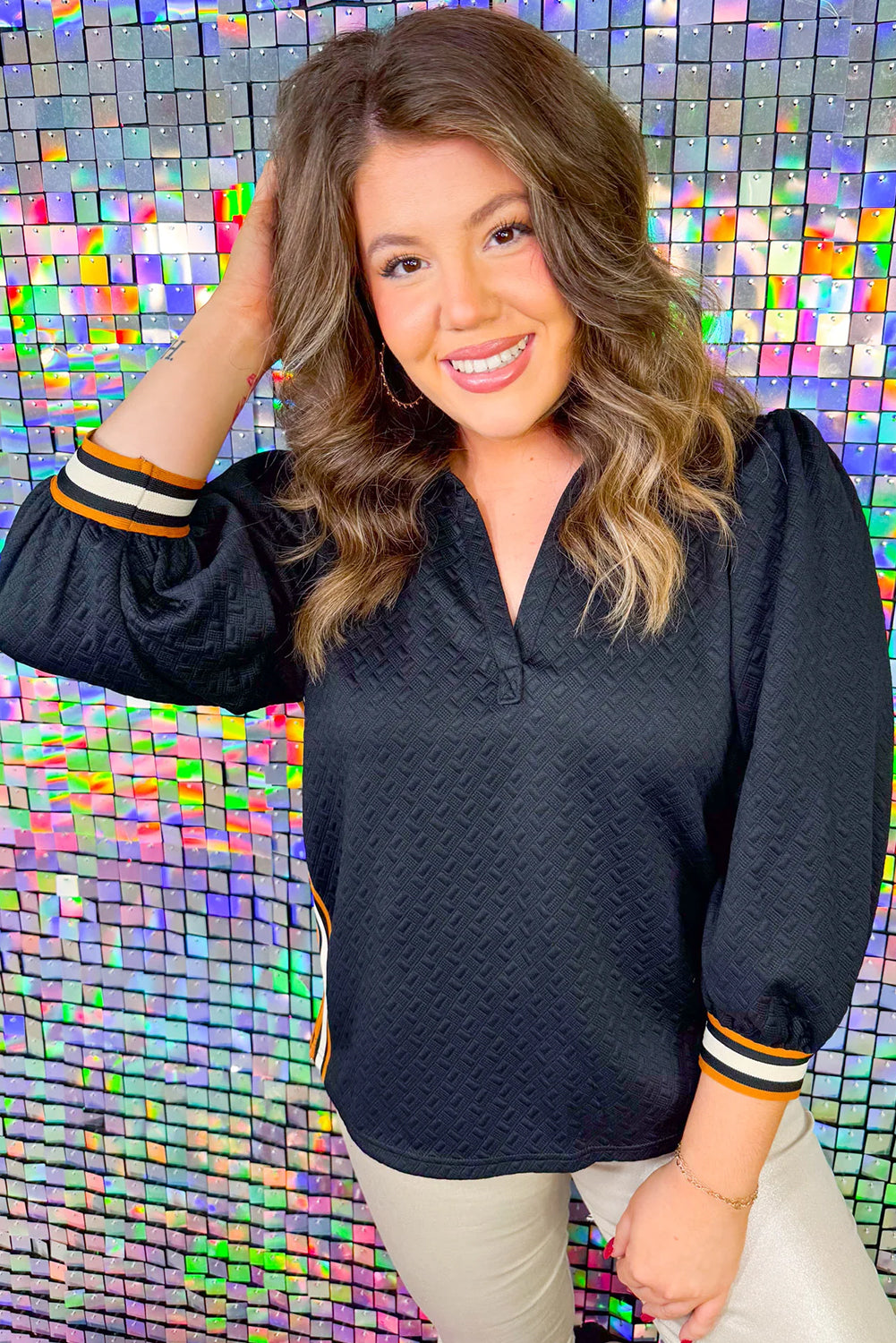 Black Colorblock Striped Textured Puff Sleeve Collar Plus Size Blouse