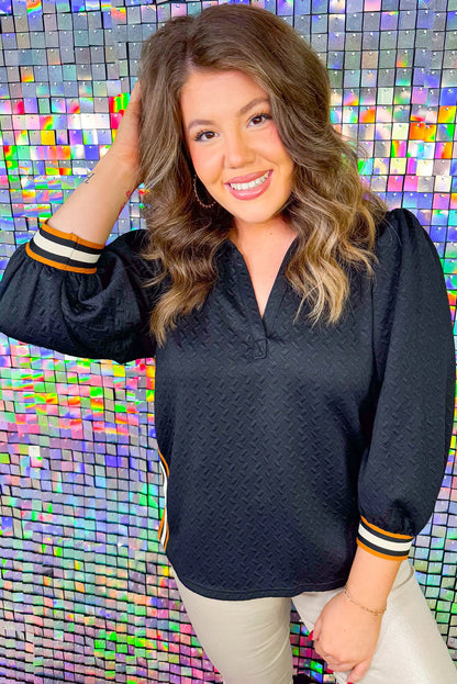 Black Colorblock Striped Textured Puff Sleeve Collar Plus Size Blouse