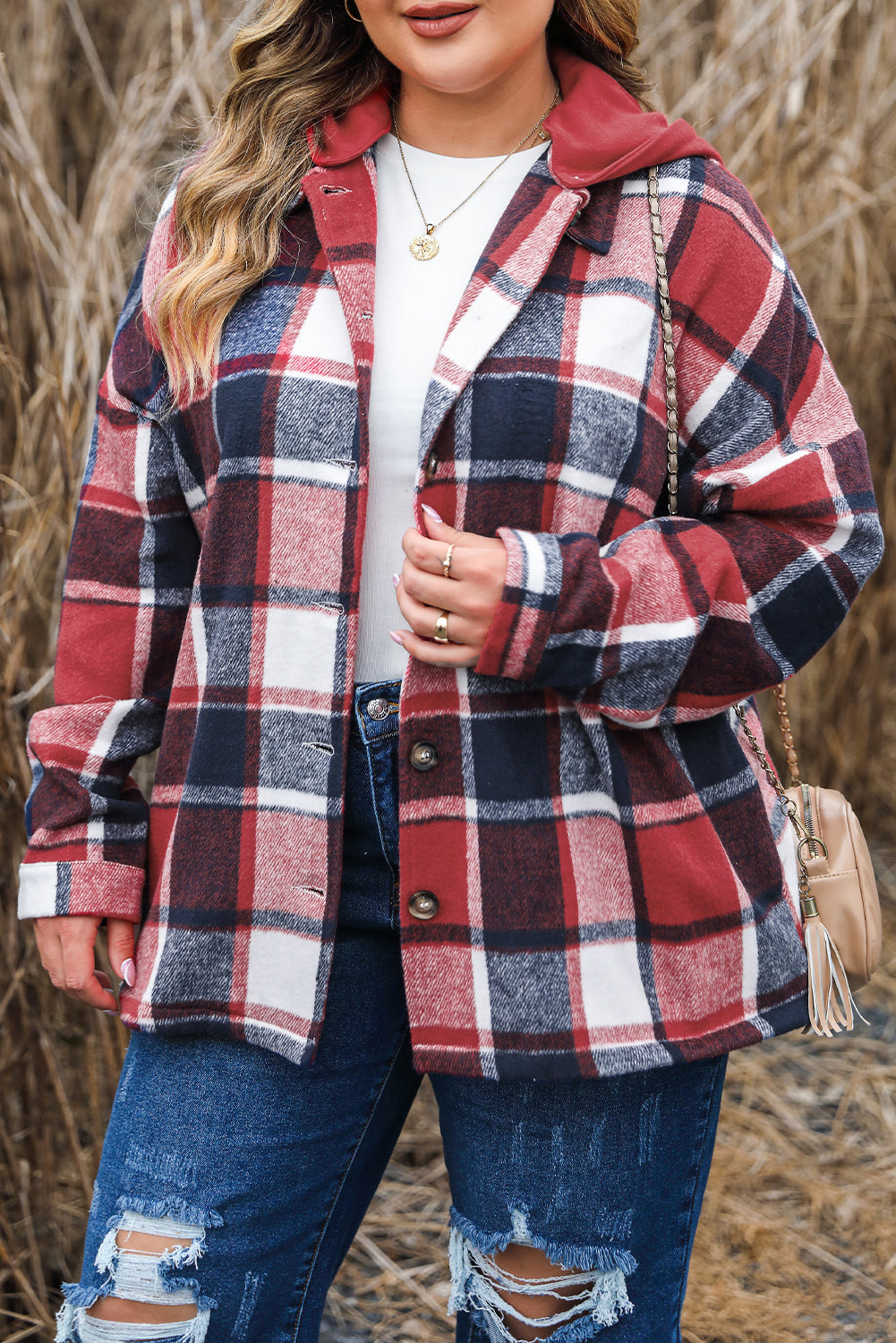 Red Plaid Hooded Jacket for Plus Size Women