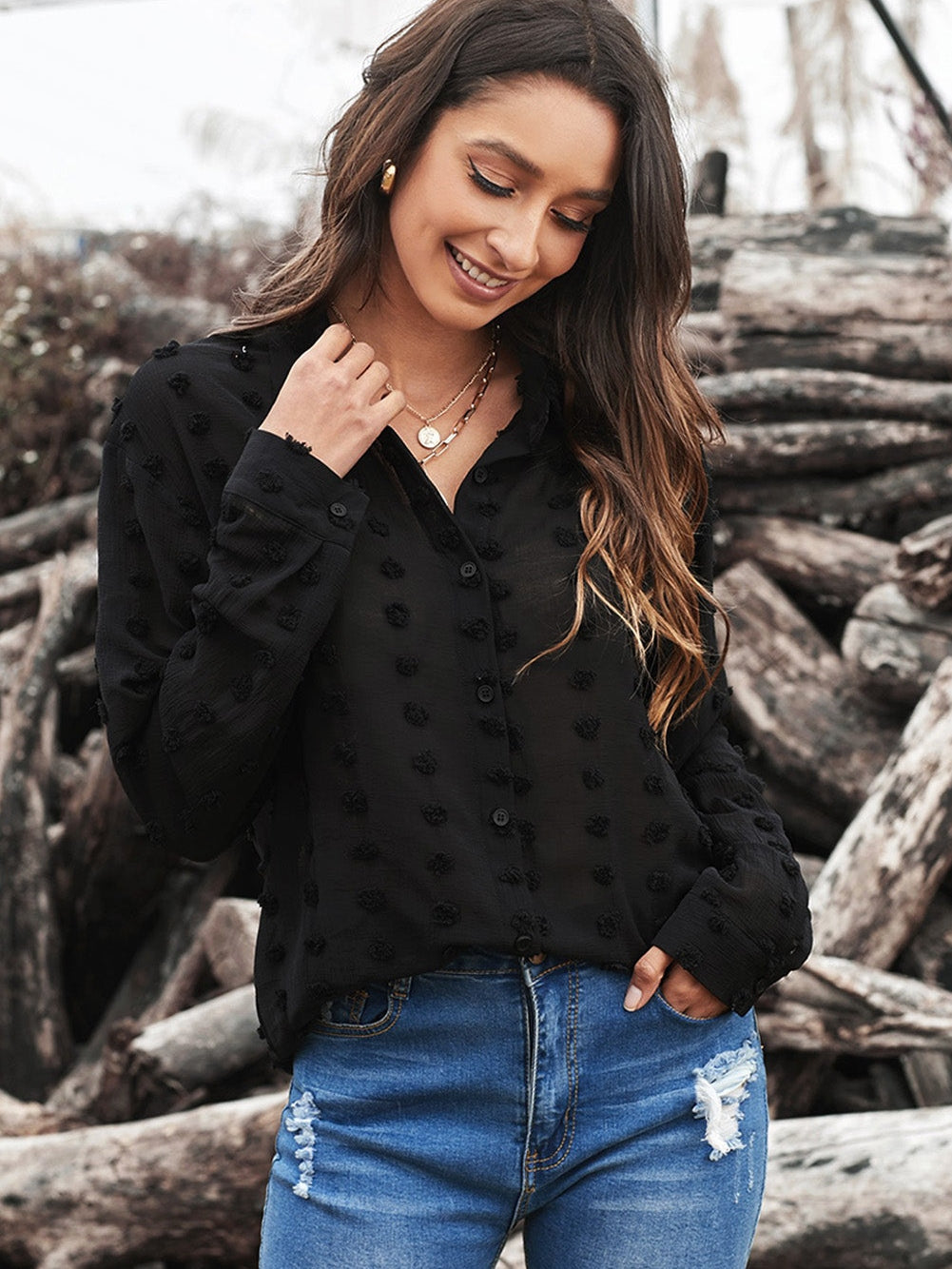 Elegant Black Polka Dot Fuzzy Button-Up Blouse