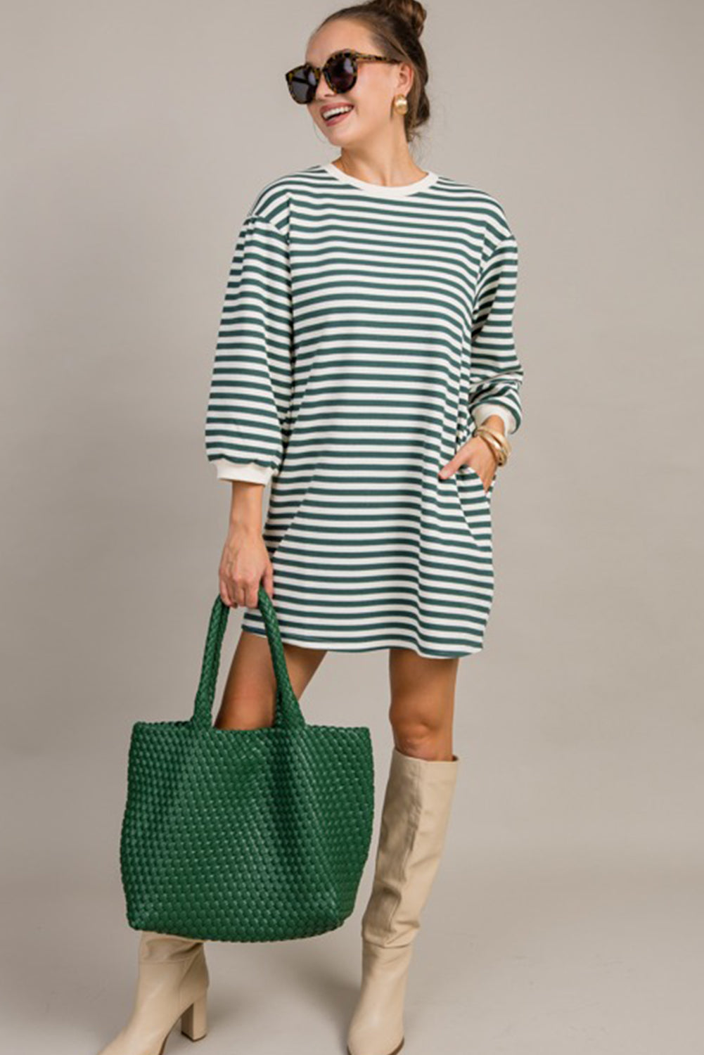 Green Stripe Puffy Bracelet Sleeve Shift Mini T Shirt Dress