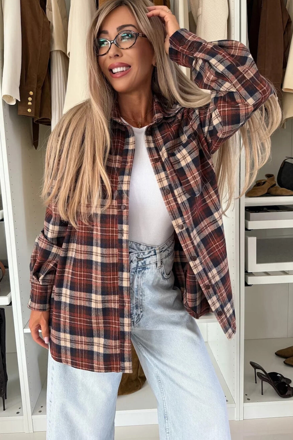 Mineral Red Flanel Plaid Single Chest Pocket Button Down Shacket