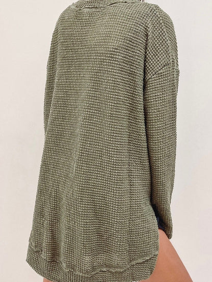 Textured Moss Green Plus Size Waffle Knit Top with Long Sleeves