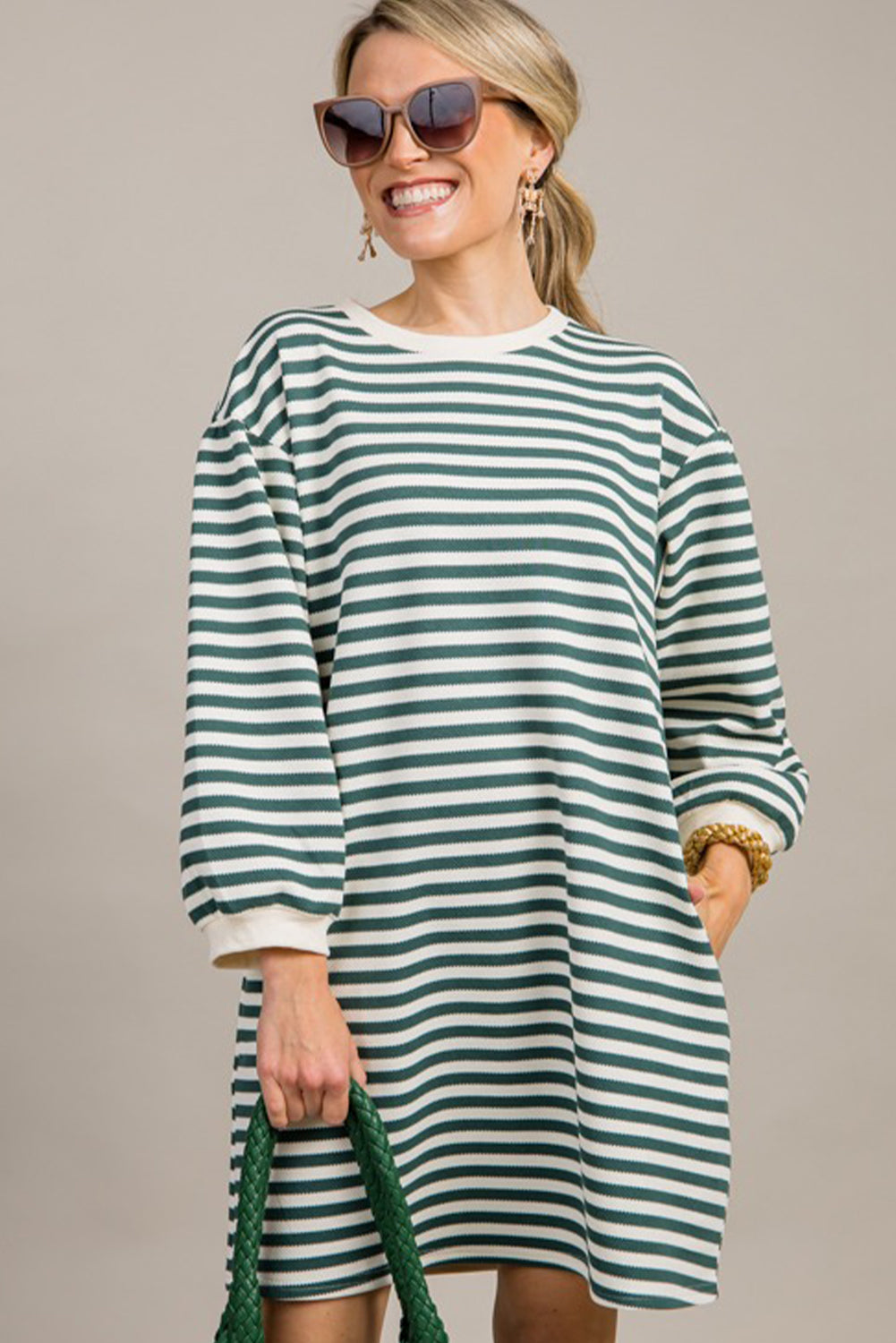 Green Stripe Puffy Bracelet Sleeve Shift Mini T Shirt Dress