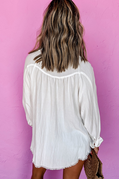 White Long Sleeve Button Front Frayed Hem Shirt