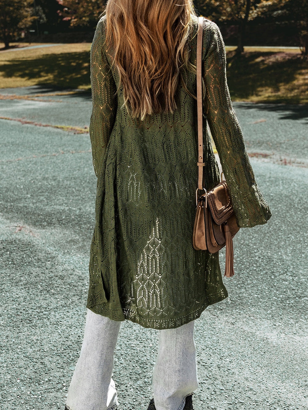 Jungle Green Pointelle Knit Open Cardigan