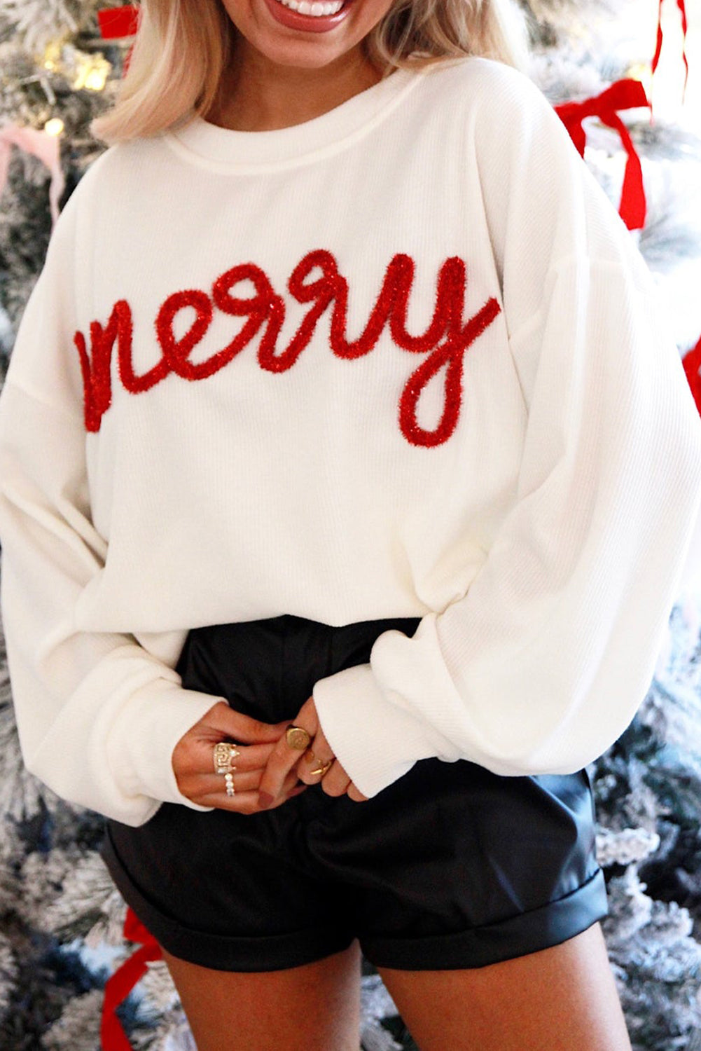 White Let_s Be Merry Tinsel Rib Top