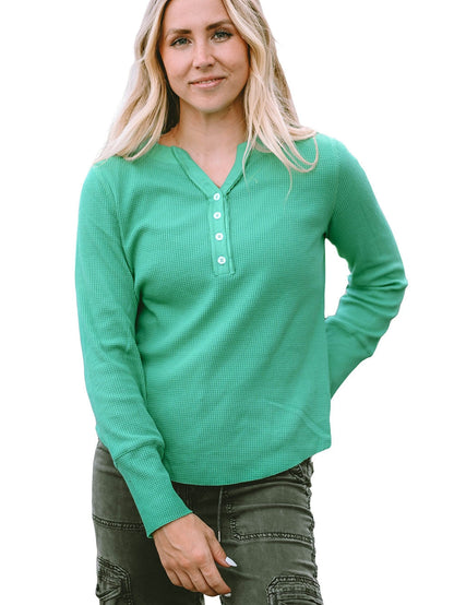 Green Button-Up Waffle Knit Henley Top