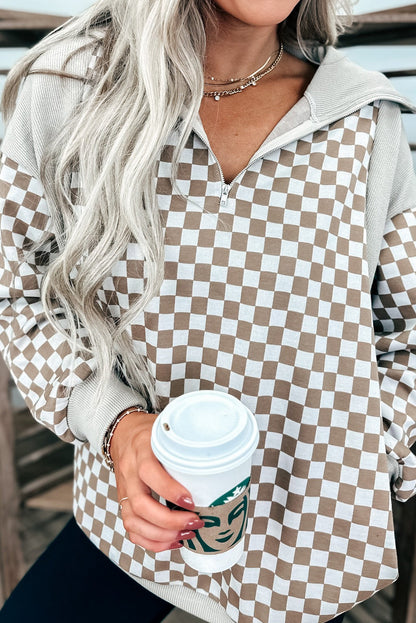 Khaki Checkered Print Quarter Zip Ribbed Patchwork Loose Sweatshirt